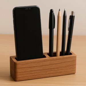 Multifunctional Wooden Pen Holder with Phone Slot
