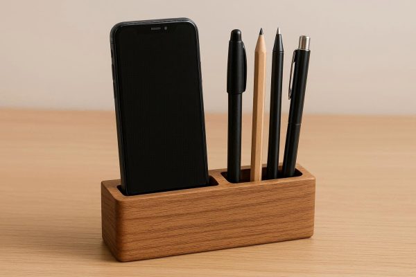 Multifunctional Wooden Pen Holder with Phone Slot