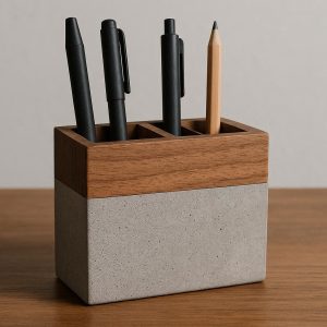Concrete and Wood Modern Pen Holder